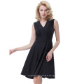 Belle Poque Robe moulante à rayures en manche en V à manches longues sans manche en laine A-Line Black One Piece 50s 60s Robe balançoire BP000384-1